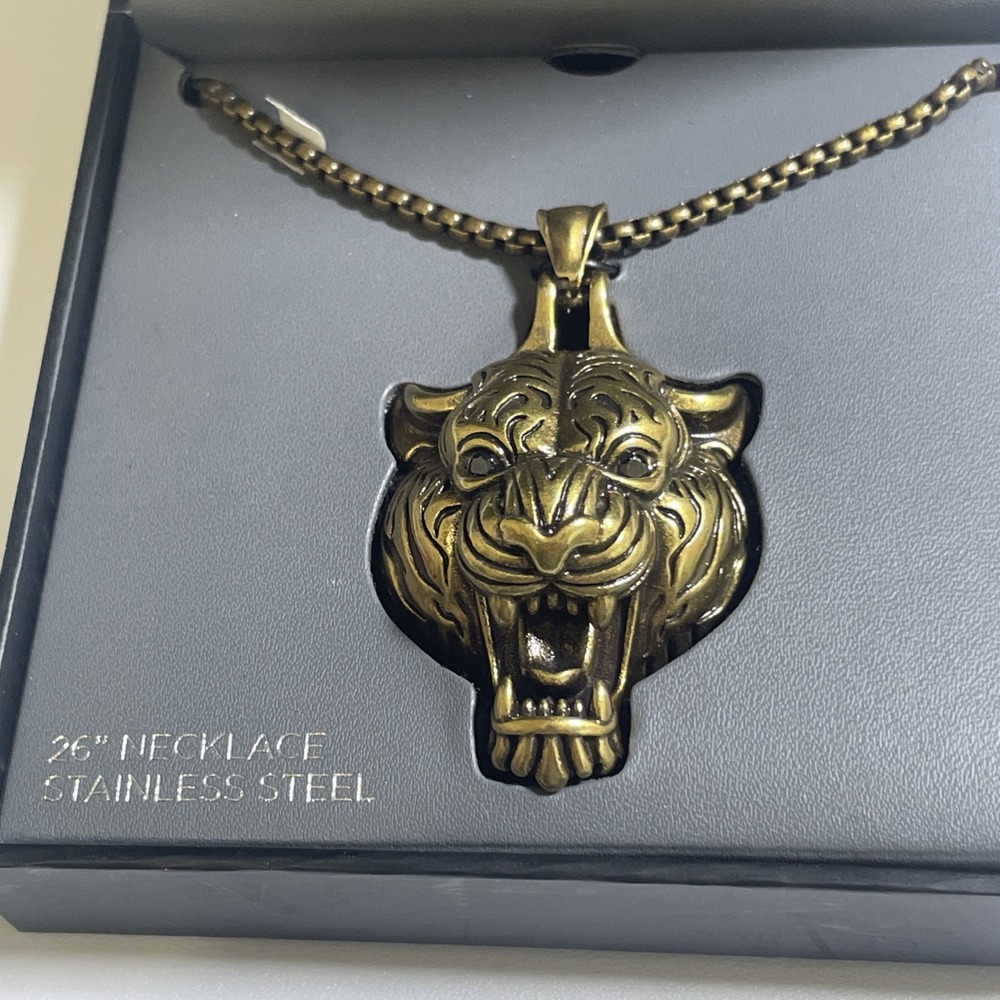 Hardy Gold Tiger Head Pendant Necklace 26" Stainless Steel Chain NIB Y2K - Picture 6 of 11